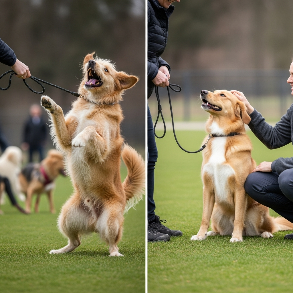 Before and after photos showing dog's behavioral transformation