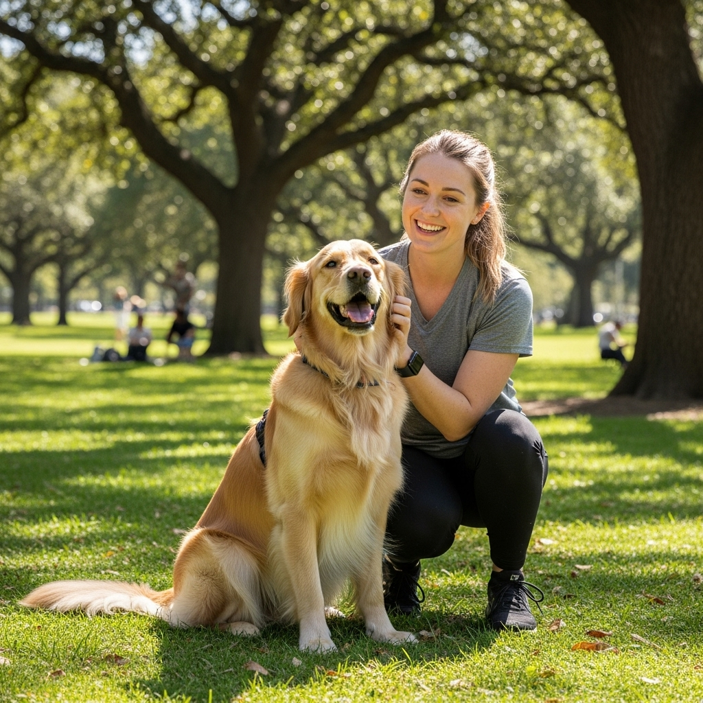 Happy dog with owner after successful training session
