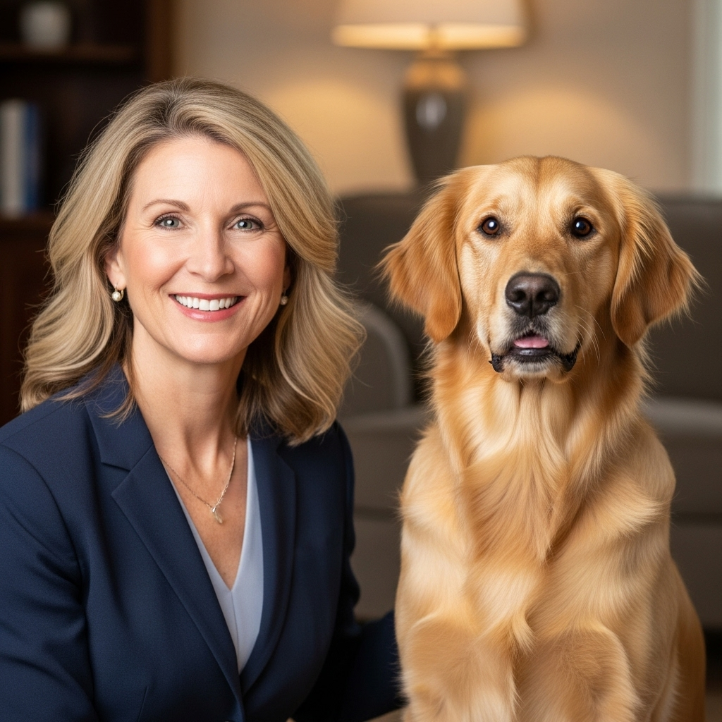 Sarah Johnson with her golden retriever Max
